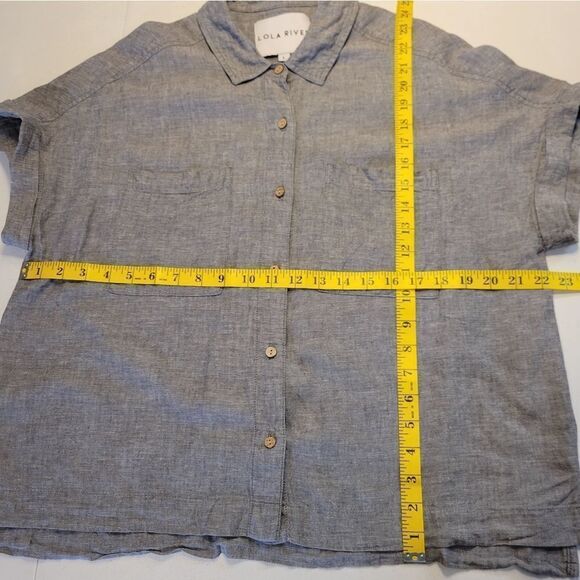 Lola River Gray Linen Tencel Button Down Cuffed Short Drop Sleeve Top Blouse - Picture 8 of 9